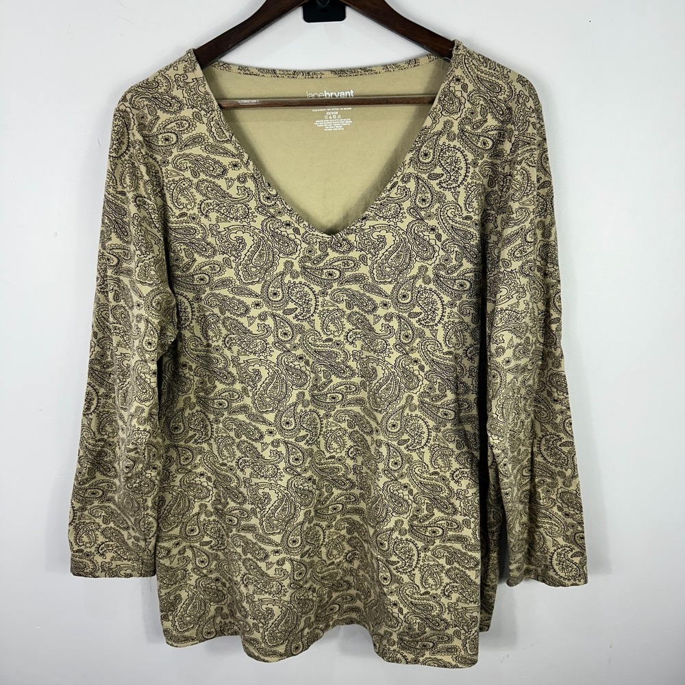 Lane Bryant Women Top 22/24W Beige Brown Paisley V Neck Boho Career Modest Retro